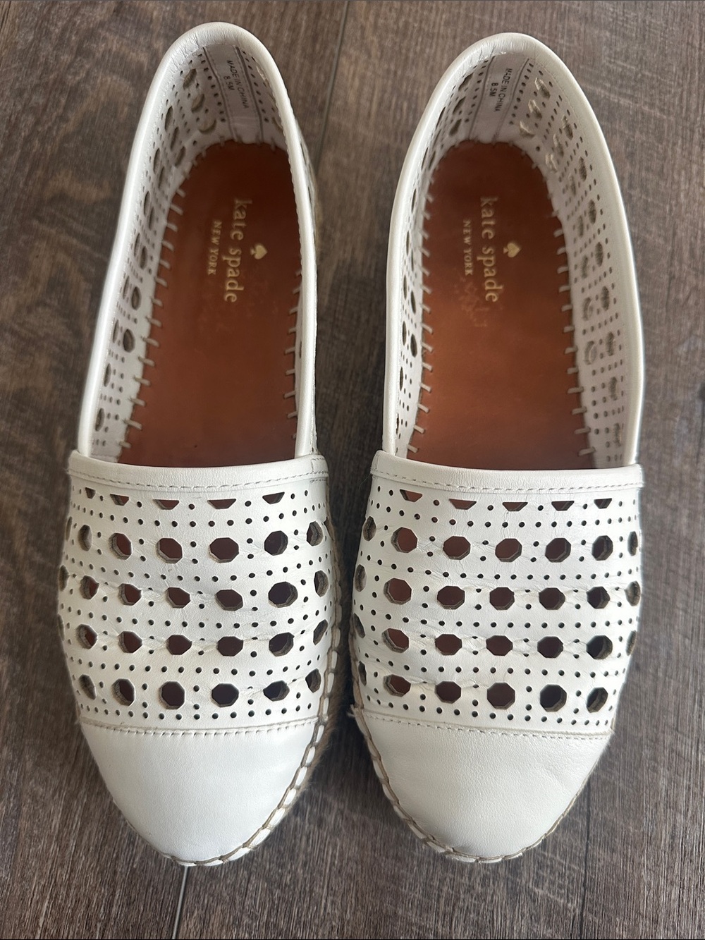 kate spade White Perforated Leather Slip-On Espadrille Flats